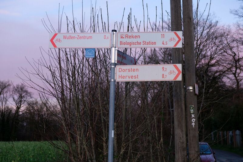 Datei:Radwegweiser Dimker Weg verdreht.jpg